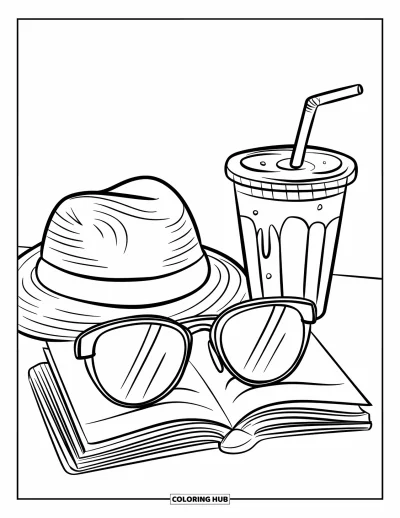 Coloriage de lunettes de soleil pour enfants : Des lunettes de soleil sur un livre posées à côté d'un smoothie et d'un chapeau de paille à larges bords