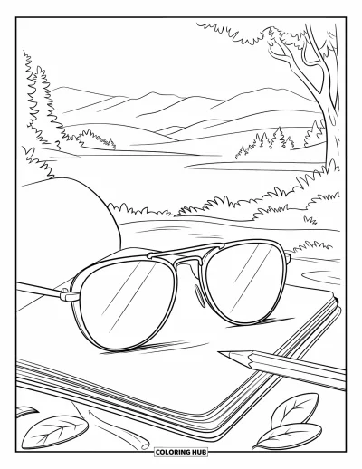 Coloriage de lunettes de soleil pour enfants : Des lunettes de soleil posées sur un carnet de croquis surplombant un paysage de montagne et de lac