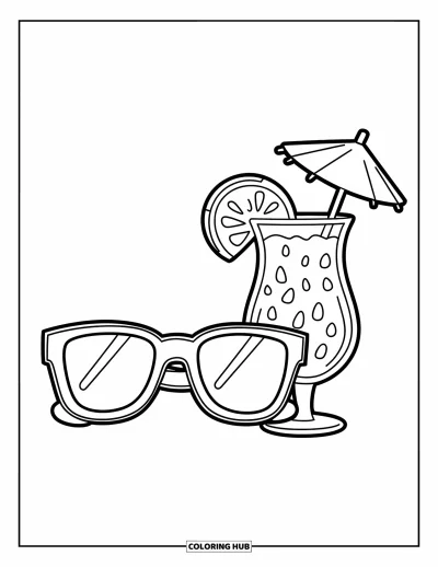 Coloriage de lunettes de soleil pour enfants : Des lunettes de soleil reposant près d'un grand cocktail tropical avec des fruits et un parasol en garniture