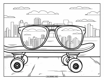 Coloriage de lunettes de soleil pour enfants : Des lunettes de soleil reposant sur le bord d'une planche à roulettes avec des bâtiments et des nuages dans le reflet
