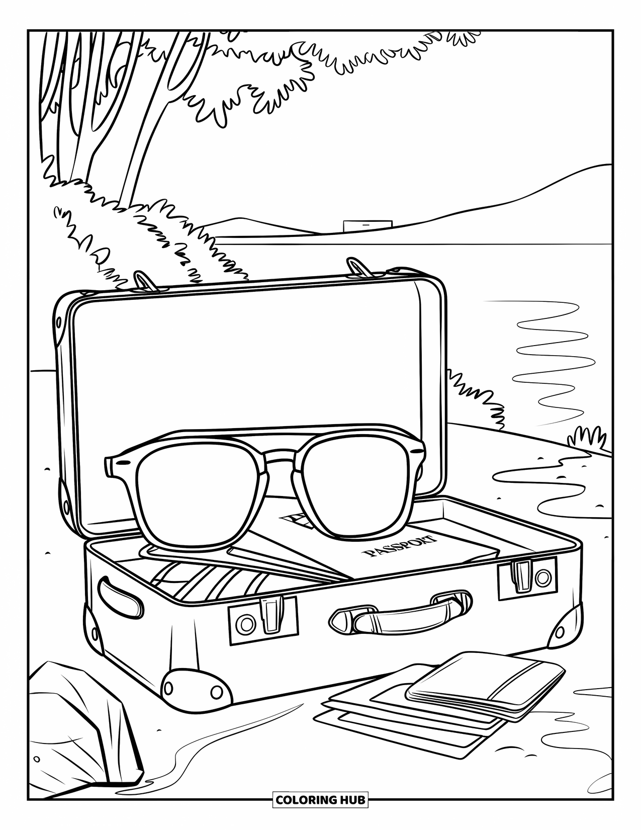 Sunglasses Coloring Page for Kids: Sunglasses rest on a suitcase by the water with greenery and a faraway building