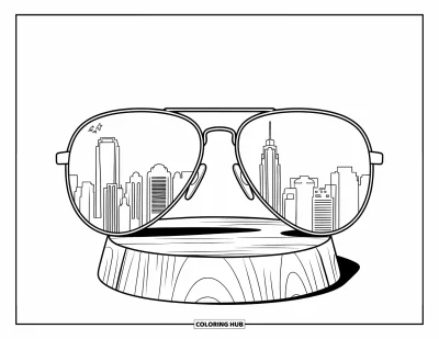 Coloriage de lunettes de soleil pour enfants : Des lunettes de soleil posées sur un présentoir en bois avec un panorama urbain reflété dans les verres