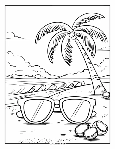 Coloriage de lunettes de soleil pour enfants : Des lunettes de soleil près des vagues de l'océan avec des noix de coco suspendues à un grand palmier