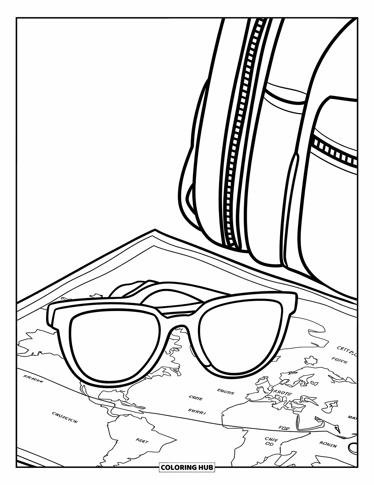 Sunglasses Coloring Page for Kids: Sunglasses sit on a folded map with countries marked and a travel bag beside it