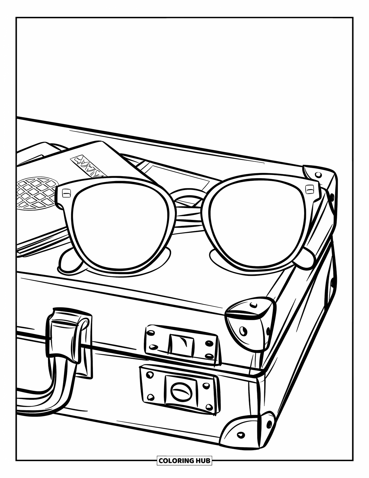 Sunglasses Coloring Page for Kids: Sunglasses sit on a suitcase beside a passport and a ticket