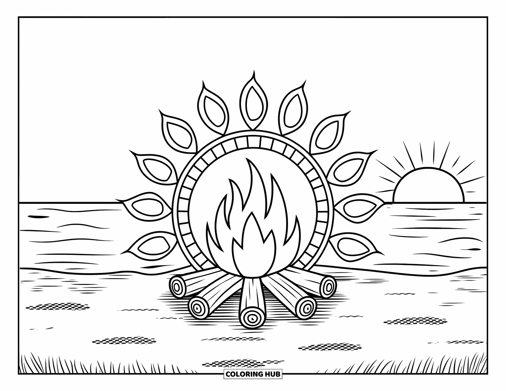 Sunset Beach Coloring Page for Adults: A beach bonfire burns at sunset with footprints in the sand