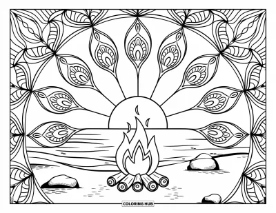 Coloriage de plage au coucher du soleil pour adultes : Un feu de camp sur la plage avec des flammes mandalas au bord des vagues et des rochers
