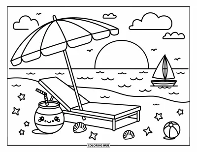 Coloriage de plage au coucher du soleil pour adultes : Un parasol de plage et une chaise au bord du rivage tandis que le soleil décline