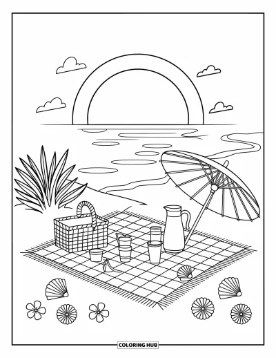 Coloriage de plage au coucher du soleil pour adultes : Une couverture avec des tasses, du jus et des coquillages est préparée pour un pique-nique sur la plage