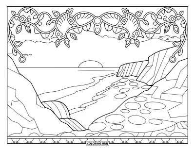Coloriage de plage au coucher du soleil pour adultes : Vue sur l'océan depuis une falaise au coucher du soleil encadrée de lianes mandalas