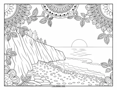 Coloriage de plage au coucher du soleil pour adultes : Une scène de falaise au coucher du soleil avec des vagues, des pierres et des lianes mandalas