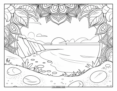 Coloriage de plage au coucher du soleil pour adultes : Vue depuis une falaise au coucher du soleil encadrée de lianes et de rochers en mandala