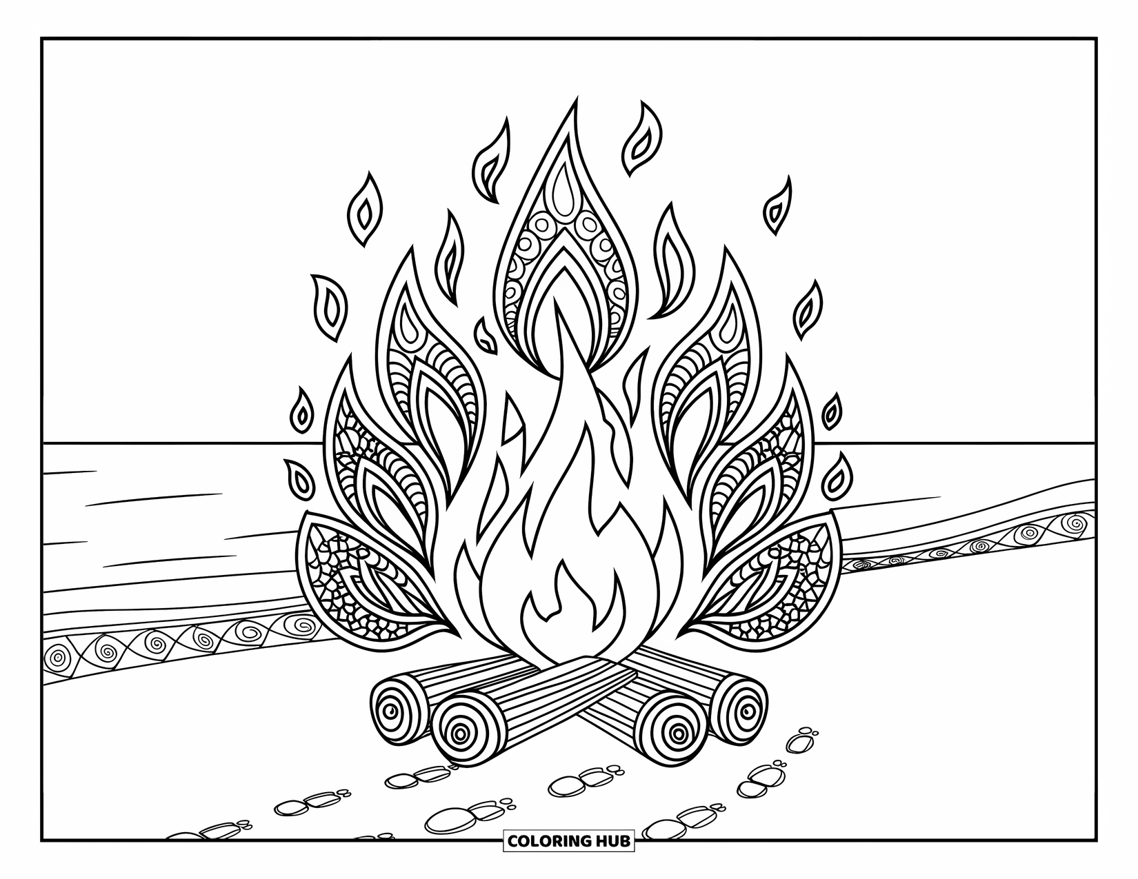 Sunset Beach Coloring Page for Adults: A glowing bonfire with mandala flames sits by the ocean shore