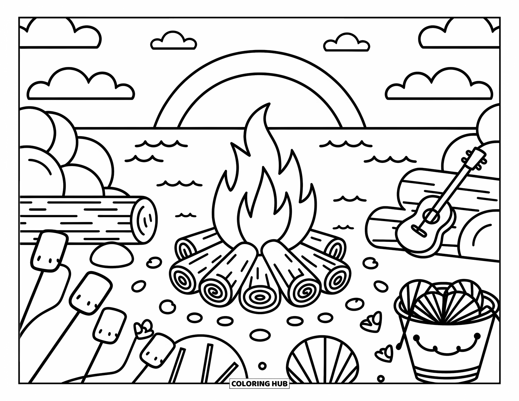Sunset Beach Coloring Page for Adults: A glowing bonfire with seashells, marshmallows, and a ukulele rests by the shore