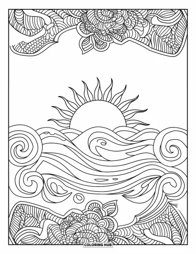 Coloriage de plage au coucher du soleil pour adultes : Un soleil lumineux sur les vagues encadré de mandalas de coraux et de vagues