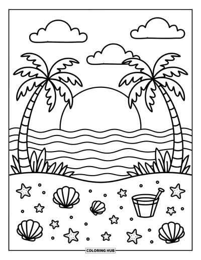 Coloriage de plage au coucher du soleil pour adultes : Un soleil radieux se couche derrière des palmiers, des coquillages et une plage de sable