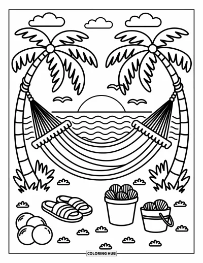 Coloriage de plage au coucher du soleil pour adultes : Un hamac entre des palmiers surplombe le coucher de soleil sur l'océan avec des coquillages à proximité