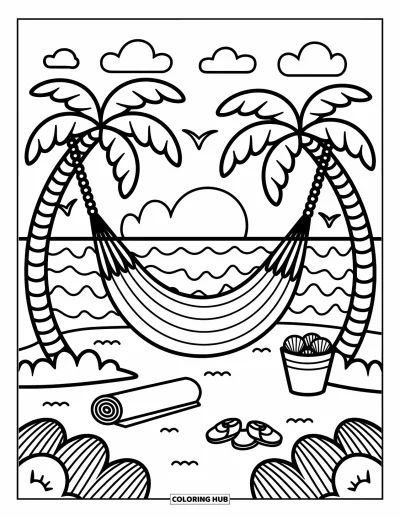 Coloriage de plage au coucher du soleil pour adultes : Un hamac entre des palmiers face au coucher du soleil avec des coquillages sur le sable