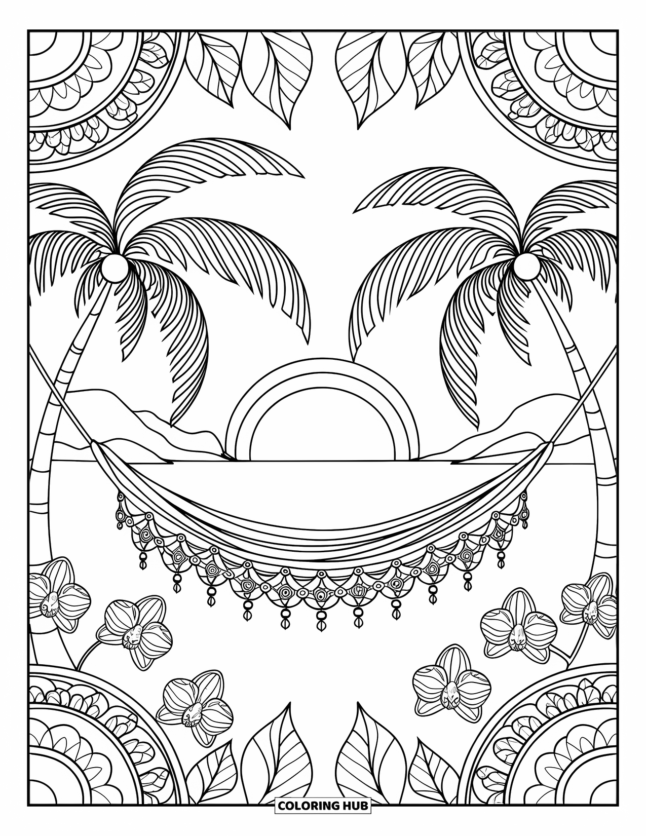 Sunset Beach Coloring Page for Adults: A hammock between palms overlooks a sunset with mandala leaves