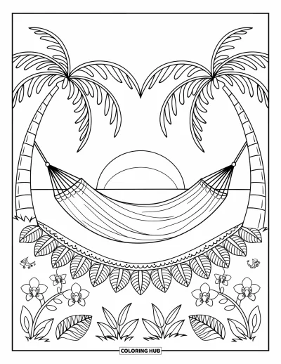 Coloriage de plage au coucher du soleil pour adultes : Un hamac suspendu entre des palmiers entouré de feuilles en mandala