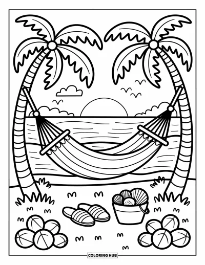 Coloriage de plage au coucher du soleil pour adultes : Un hamac se balance au-dessus du sable avec des coquillages, des noix de coco et des mouettes