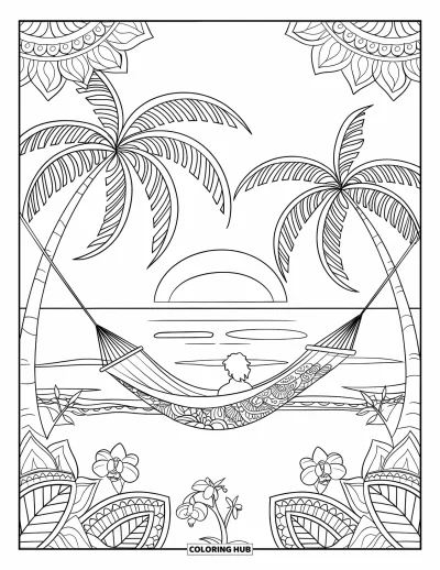 Coloriage de plage au coucher du soleil pour adultes : Un hamac se balance près de l'océan avec des feuilles mandalas et des orchidées