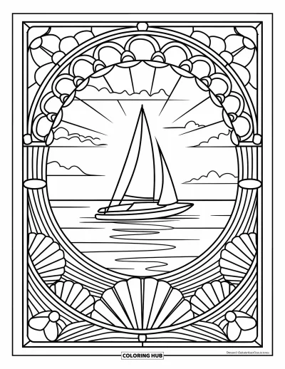 Coloriage de plage au coucher du soleil pour adultes : Un voilier solitaire dérive au coucher du soleil encadré de rayons mandalas en coquillages
