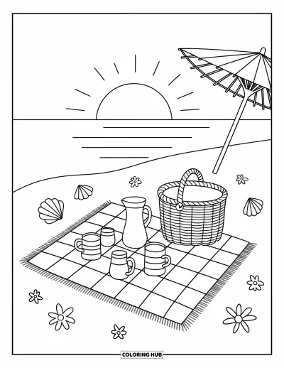 Coloriage de plage au coucher du soleil pour adultes : Une couverture de pique-nique avec un panier et du jus posée au bord du rivage au coucher du soleil