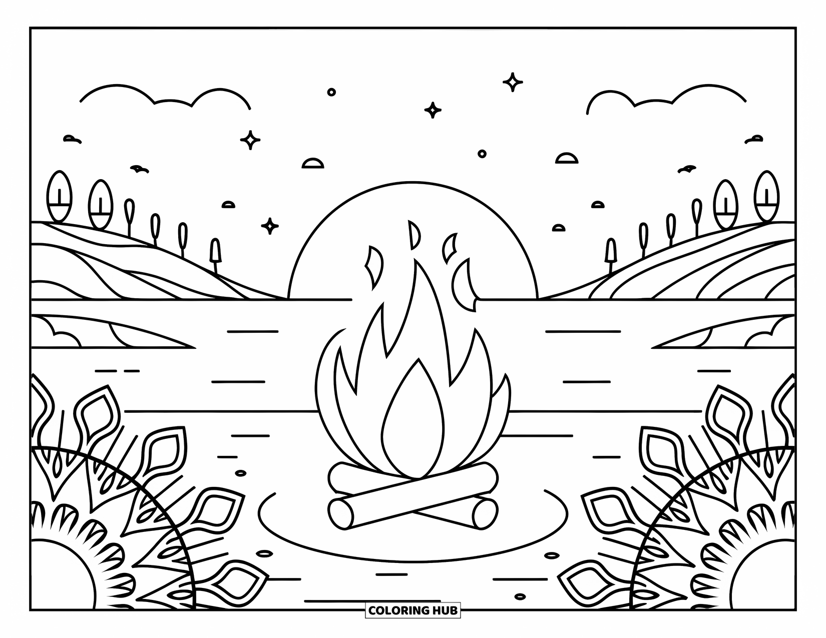 Sunset Beach Coloring Page for Adults: A quiet bonfire glows on the beach surrounded by mandala flames