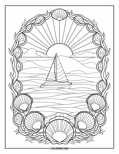 Coloriage de plage au coucher du soleil pour adultes : Un voilier sur une eau calme cerné de coquillages et de rayons de soleil