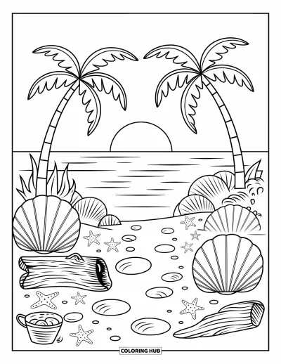 Coloriage de plage au coucher du soleil pour adultes : Un chemin de sable parsemé de coquillages mène vers le coucher du soleil sur l'eau