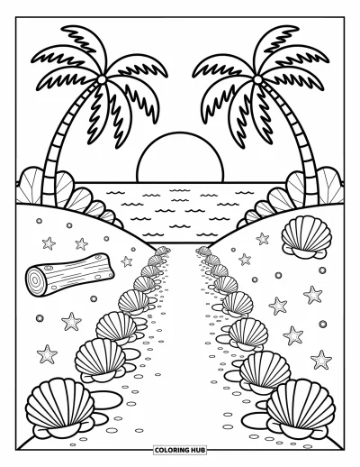 Coloriage de plage au coucher du soleil pour adultes : Un sentier de sable avec des coquillages et des étoiles de mer serpente vers l'horizon au coucher du soleil