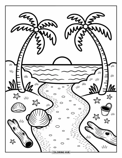 Coloriage de plage au coucher du soleil pour adultes : Un chemin de coquillages avec du bois flotté et des palmiers mène vers le coucher du soleil