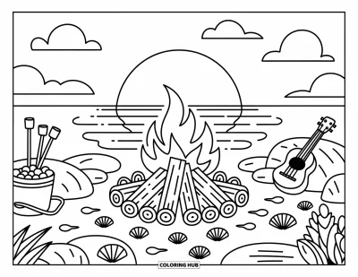 Coloriage de plage au coucher du soleil pour adultes : Un feu de camp en bord de mer avec des coquillages, des guimauves et une vue sur le coucher du soleil