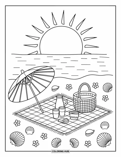 Coloriage de plage au coucher du soleil pour adultes : Un pique-nique au bord de la mer avec un panier et des coquillages sous le coucher du soleil