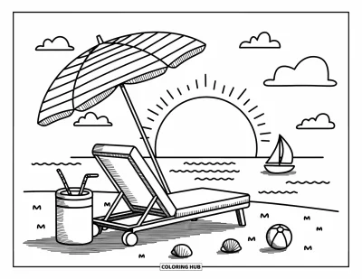 Coloriage de plage au coucher du soleil pour adultes : Un parasol à rayures protège une chaise longue face au coucher du soleil