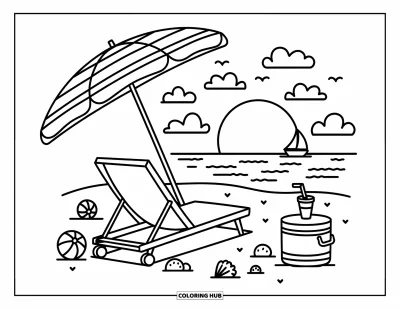 Coloriage de plage au coucher du soleil pour adultes : Un parasol à rayures et une chaise face au coucher du soleil avec un voilier au loin
