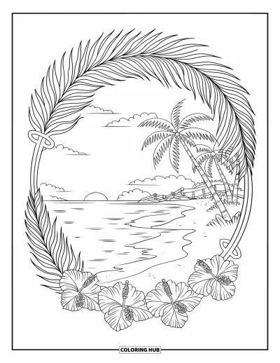 Coloriage de plage au coucher du soleil pour adultes : Une scène de plage au coucher du soleil encadrée de mandalas de feuilles de palmier et d'hibiscus