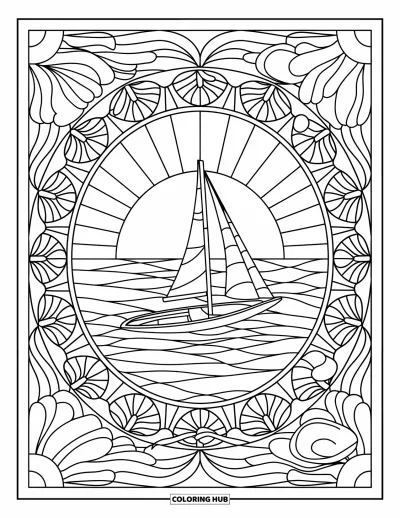 Coloriage de plage au coucher du soleil pour adultes : Un voilier au coucher du soleil encadré de motifs mandalas de coquillages et de rayons de soleil