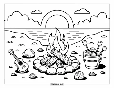 Coloriage de plage au coucher du soleil pour adultes : Un feu de camp chaleureux brûle entouré de coquillages, de guimauves et d'un seau plein de coquilles