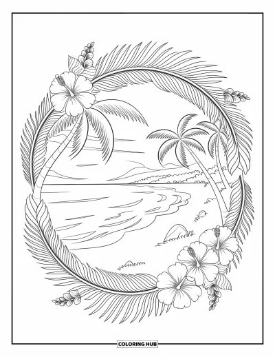 Coloriage de plage au coucher du soleil pour adultes : Des palmiers et des vagues encadrent une plage au coucher du soleil avec des mandalas floraux