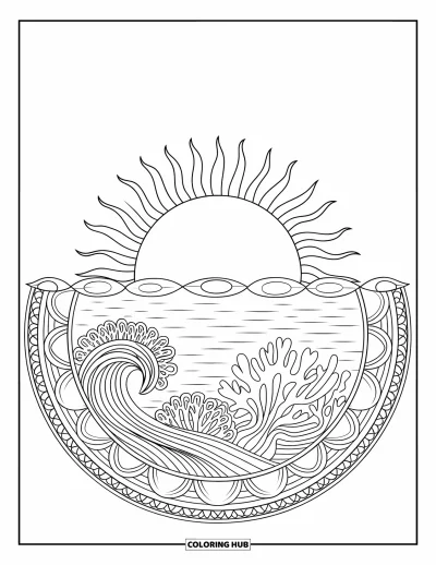 Coloriage de plage au coucher du soleil pour adultes : Le soleil descend dans l'océan entouré de motifs mandalas en corail