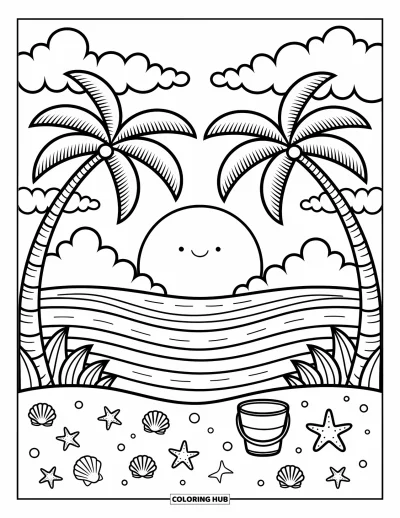 Coloriage de plage au coucher du soleil pour adultes : Deux palmiers encadrent une plage de sable avec des coquillages et des étoiles de mer