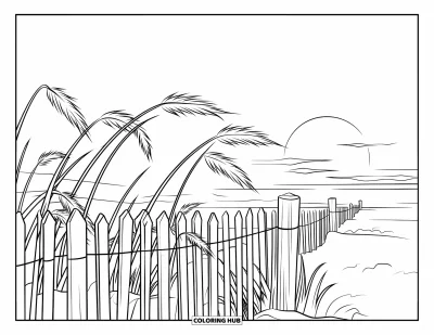 Coloriage de plage au coucher du soleil pour enfants : Une clôture de plage avec des herbes des dunes face à un coucher de soleil coloré