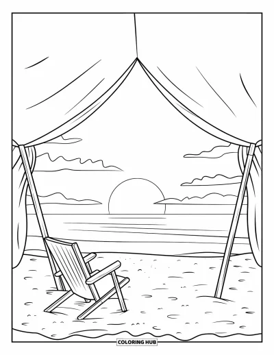 Coloriage de plage au coucher du soleil pour enfants : Une chaise à l'intérieur d'une tente fait face à l'horizon de l'océan au coucher du soleil