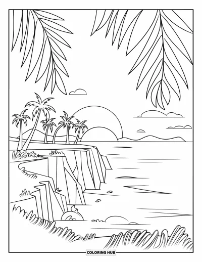 Coloriage de plage au coucher du soleil pour enfants : Vue depuis une falaise sur l'océan au coucher du soleil avec de grands palmiers
