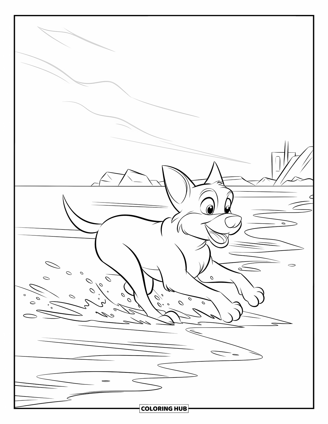 Sunset Beach Coloring Page for Kids: A dog runs happily along the shore with ocean spray behind