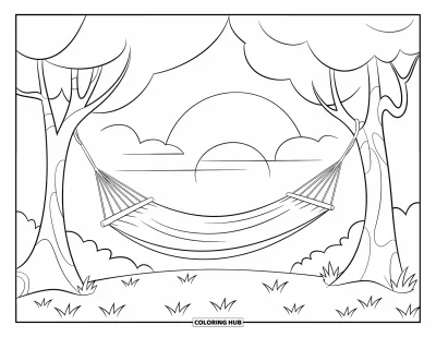 Coloriage de plage au coucher du soleil pour enfants : Un hamac se balance entre des arbres feuillus au-dessus d'un sol herbeux au coucher du soleil
