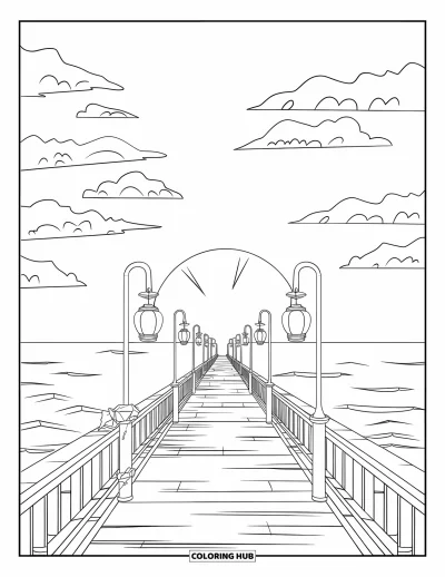 Coloriage de plage au coucher du soleil pour enfants : Un ponton bordé de lanternes s'avance dans l'océan au coucher du soleil