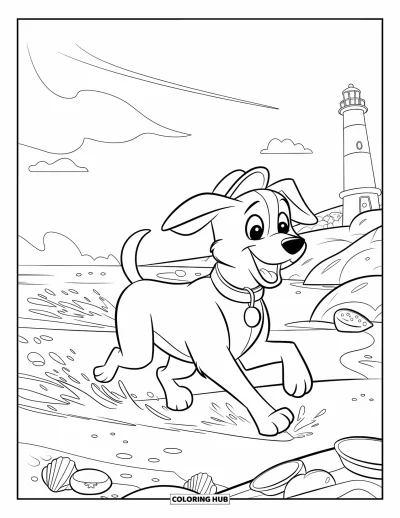 Coloriage de plage au coucher du soleil pour enfants : Un chien espiègle court au bord de la mer près de rochers et d'un phare